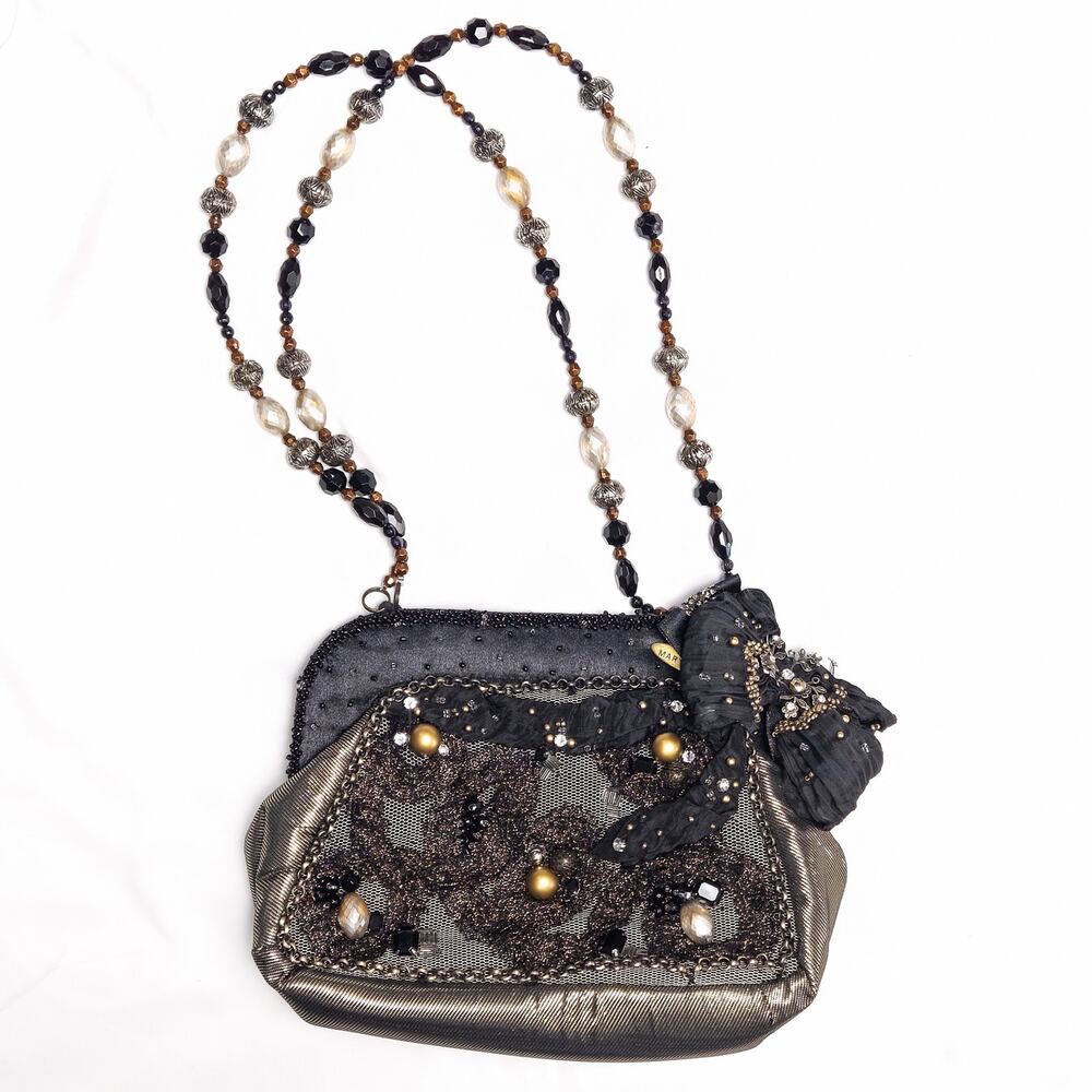Mary Frances Beaded Shoulder Bag Black Gold Vintage Retro Statement